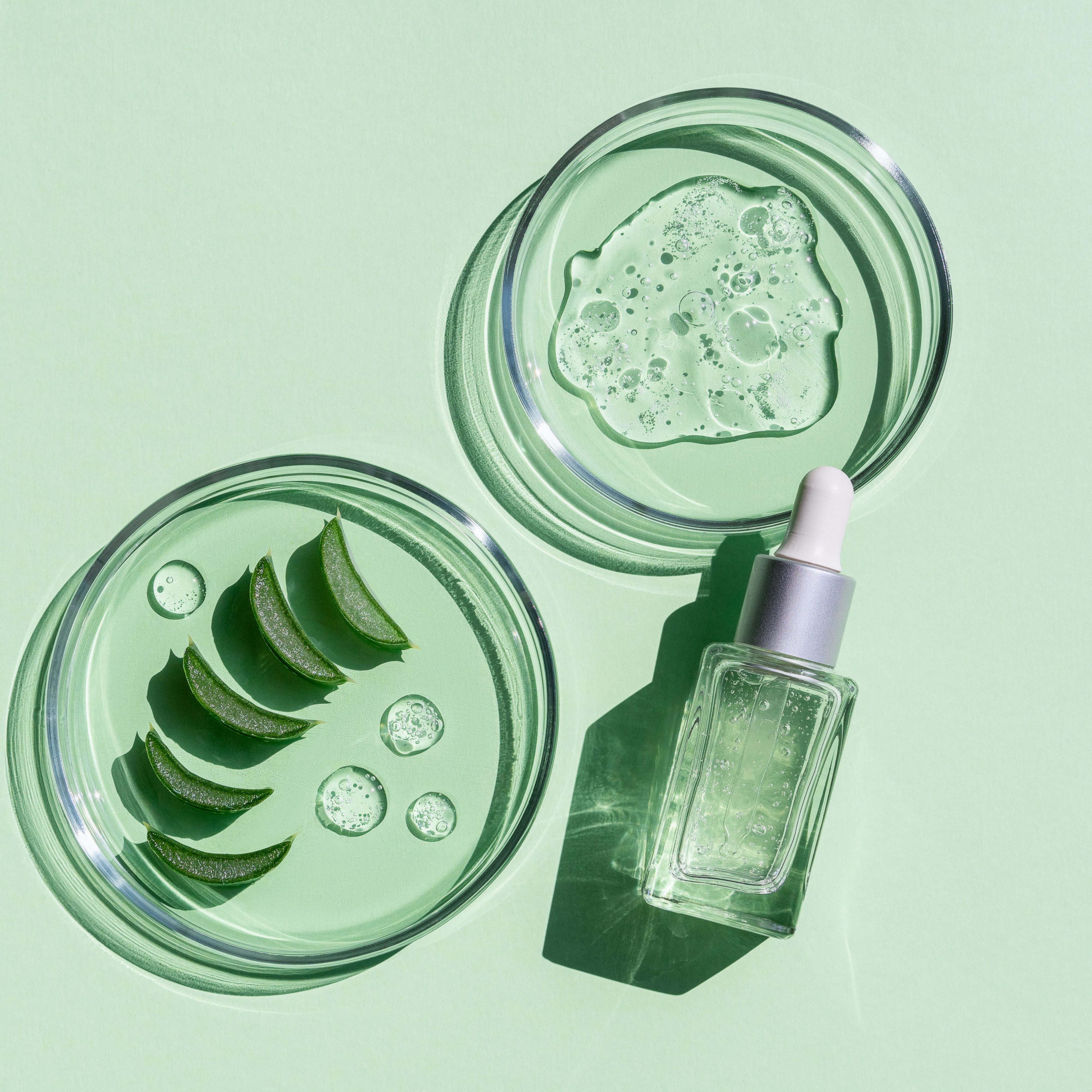 Flat lay of cosmetics serum and and laboratory glassware with fresh leaves of aloe vera on bright green background. Organic cosmetics. Top view flat lay, copy space. Cosmetics, SPA branding, mock-up.